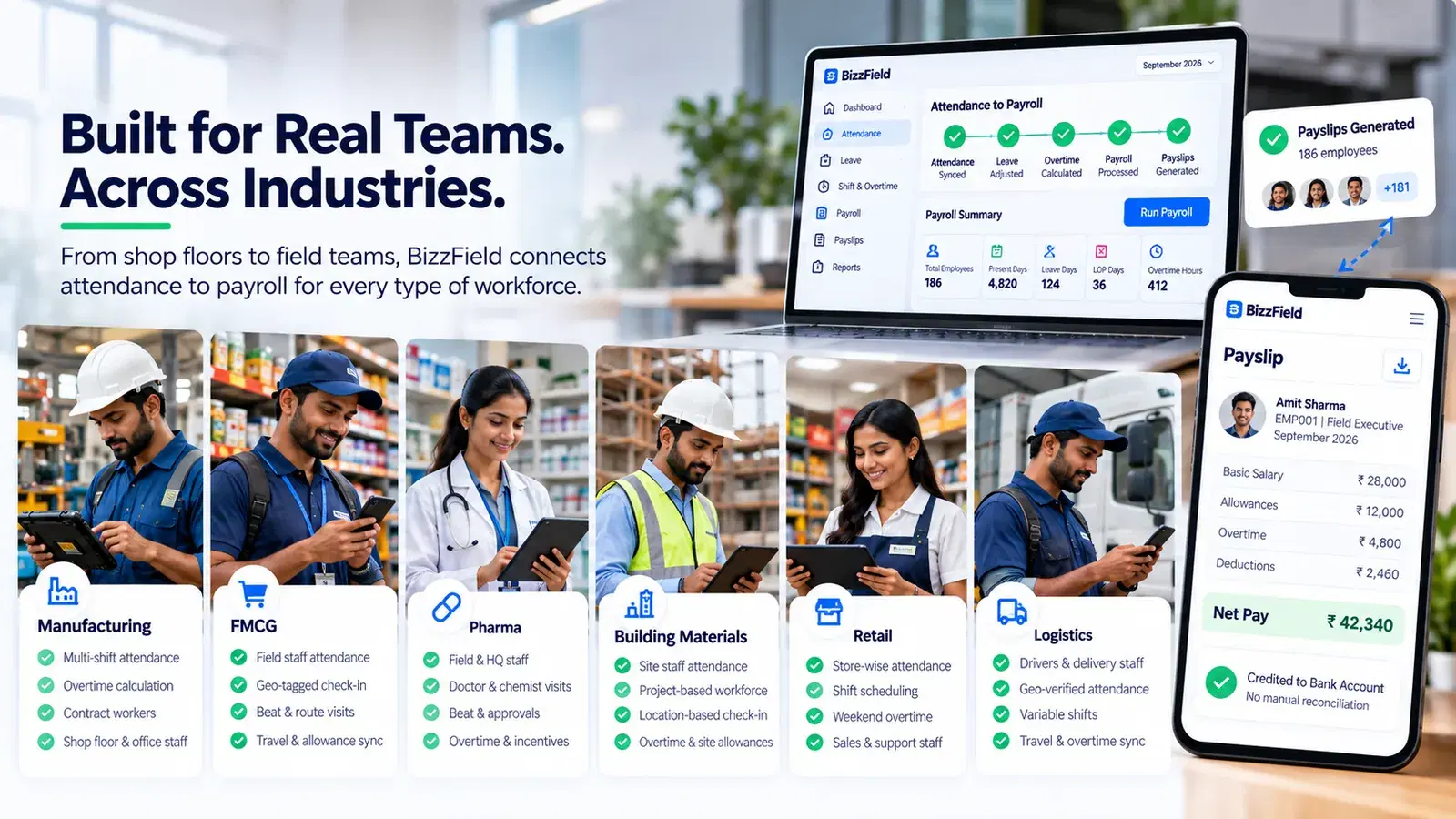 BizzField connects attendance to payroll across industries: manufacturing, FMCG, pharma, building materials, retail and logistics teams, with payslips generated from the same pay run