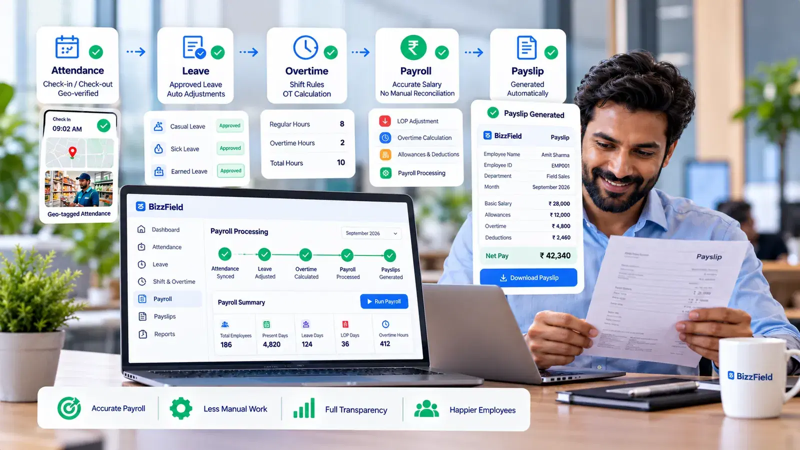 BizzField payroll processing in one pay run: attendance synced, leave adjusted, overtime calculated, payroll processed and payslips generated automatically