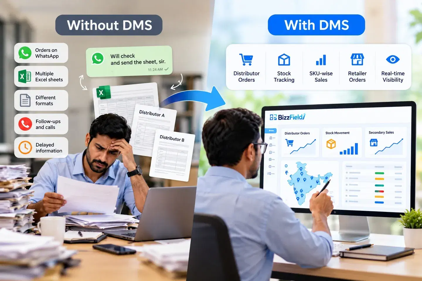 Without DMS versus with DMS in FMCG distribution: orders on WhatsApp, multiple Excel sheets, different formats, follow-ups and calls and delayed information, compared with distributor orders, stock tracking, SKU-wise sales, retailer orders and real-time visibility on a BizzField dashboard