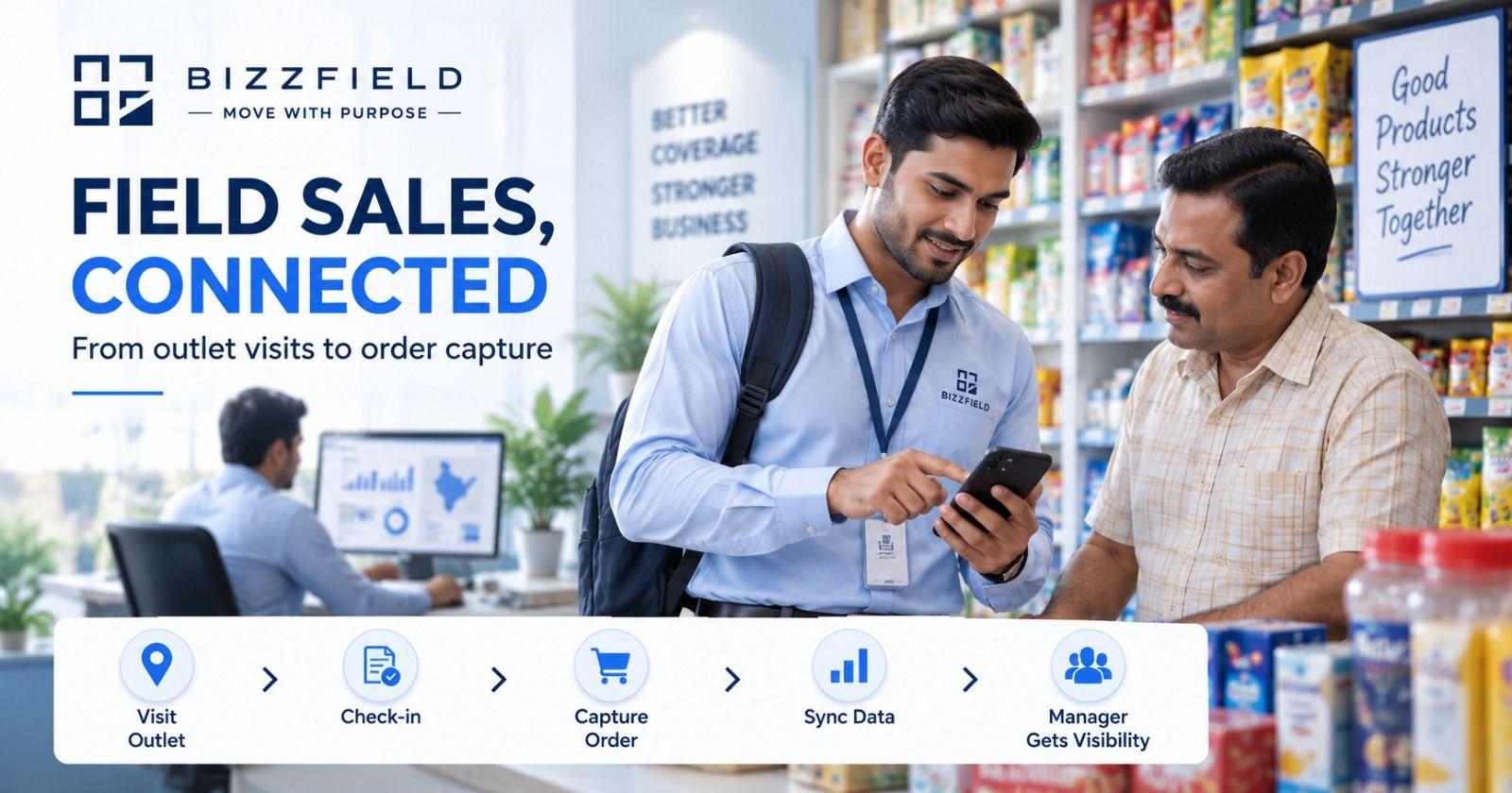 A BizzField field rep showing an order on his phone to a shopkeeper inside a retail store, above the five-step flow it feeds: visit outlet, check in, capture order, sync data, manager gets visibility